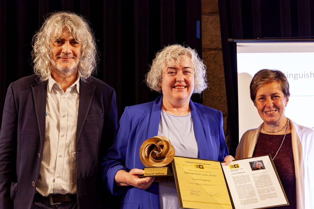 Photo from the EG 2026 award ceremony showing Carol O’Sullivan receiving the Eurographics Distinguished Career Award
