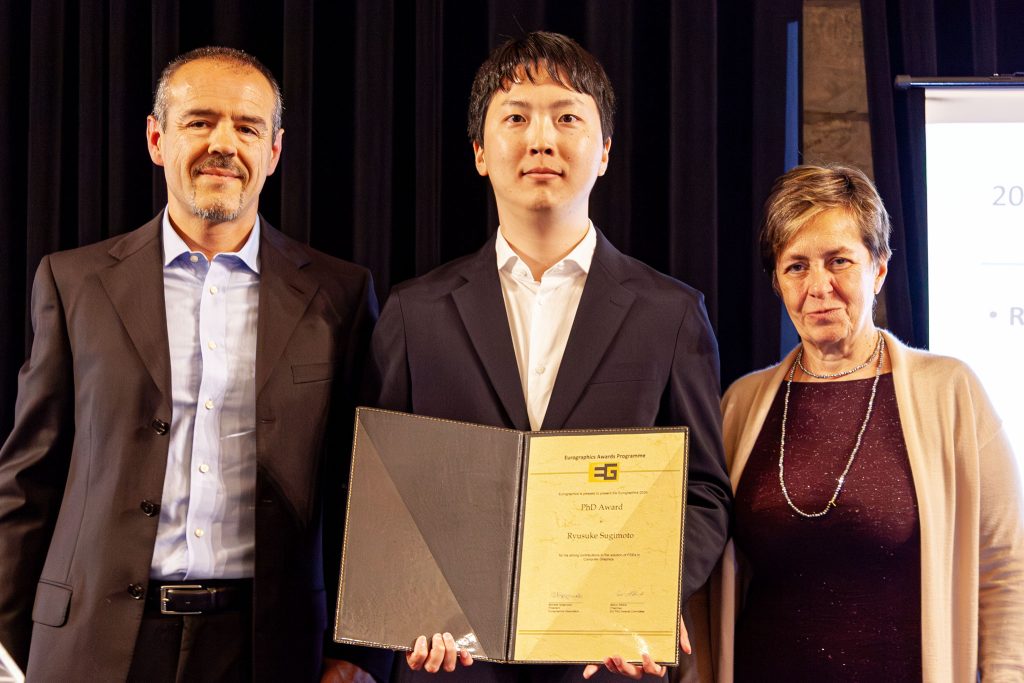 Photo from the EG 2026 award ceremony showing Ryusuke Sugimoto receiving the Eurographics PhD Award