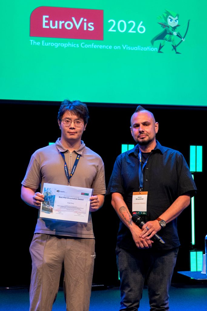 EuroVis 2026 PhD Awardee Xingdi Zhang with chair Stefan Bruckner